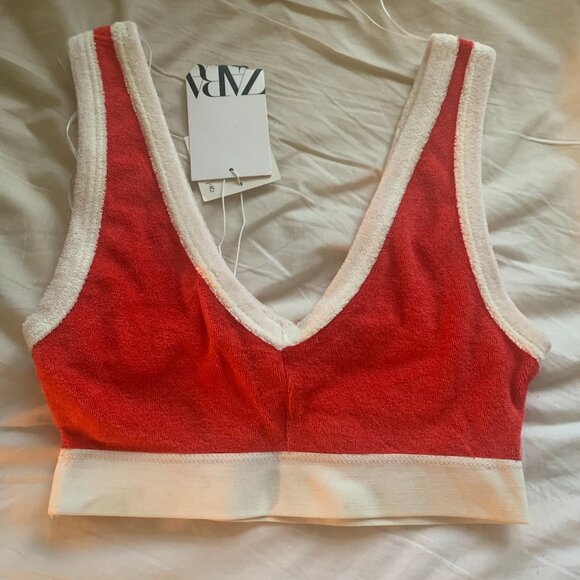 Zara Women's red & white Terry Cloth cotton crop top size s with keyhole - Picture 2 of 4